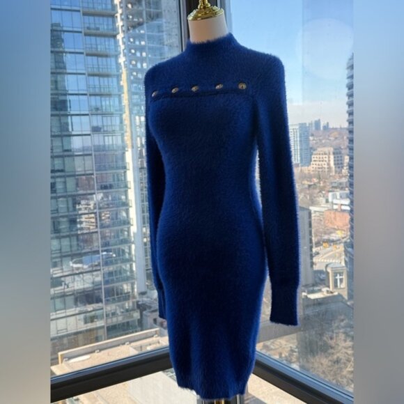 🆕 VERSACE JEANS COUTURE 🧿 NWOT Royal Blue Faux Fur Knit Dress, Buttons - Sz S - Picture 2 of 16